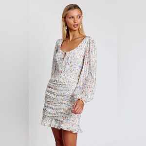 The East Order Long Sleeve Yasmin Tucked Mini Dress in Porcelain Self Stripe ZB7